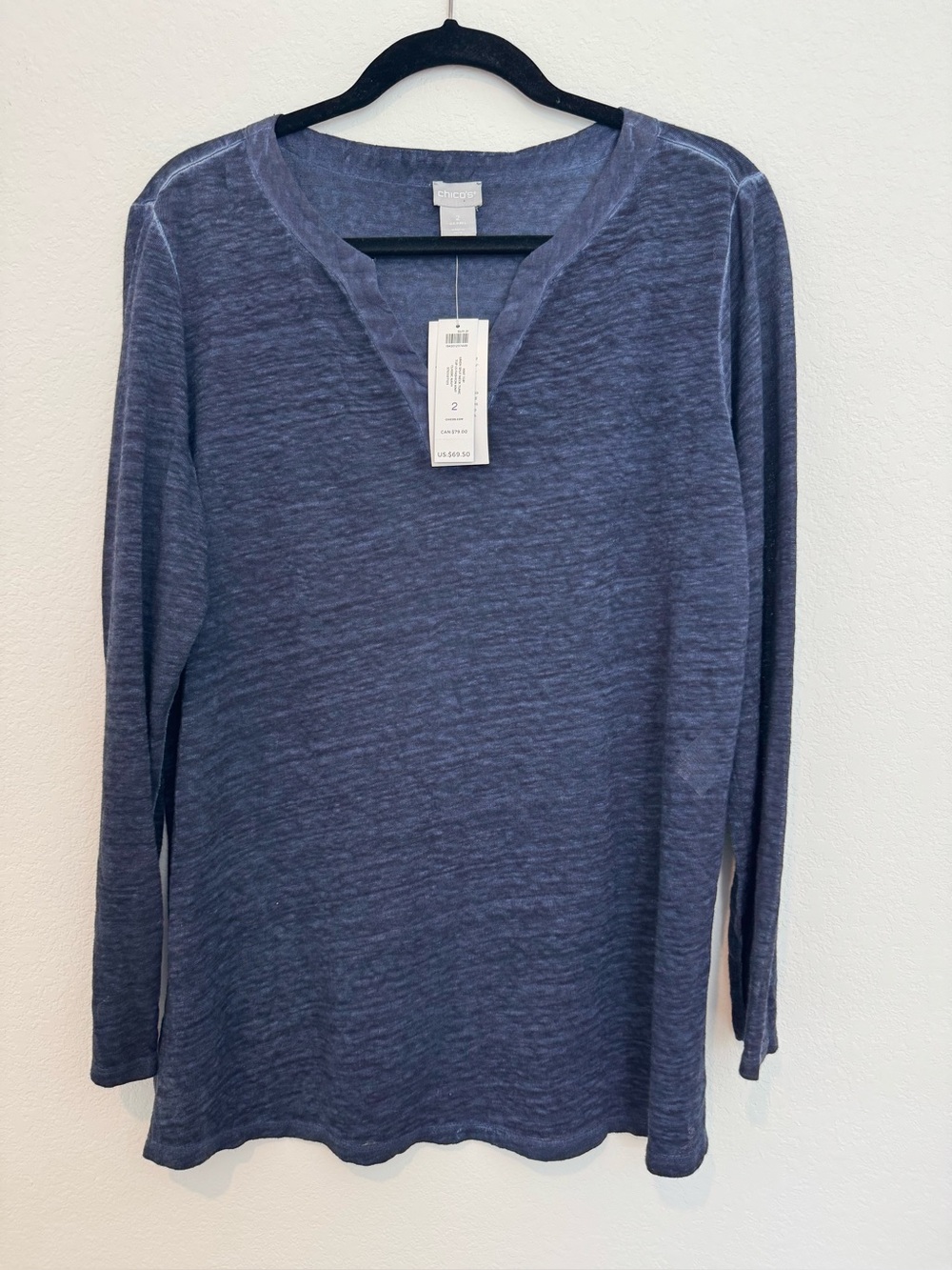 Chicos 100% Linen Split Neck Tunic Knit Top in Navy Blue Long Sleeve